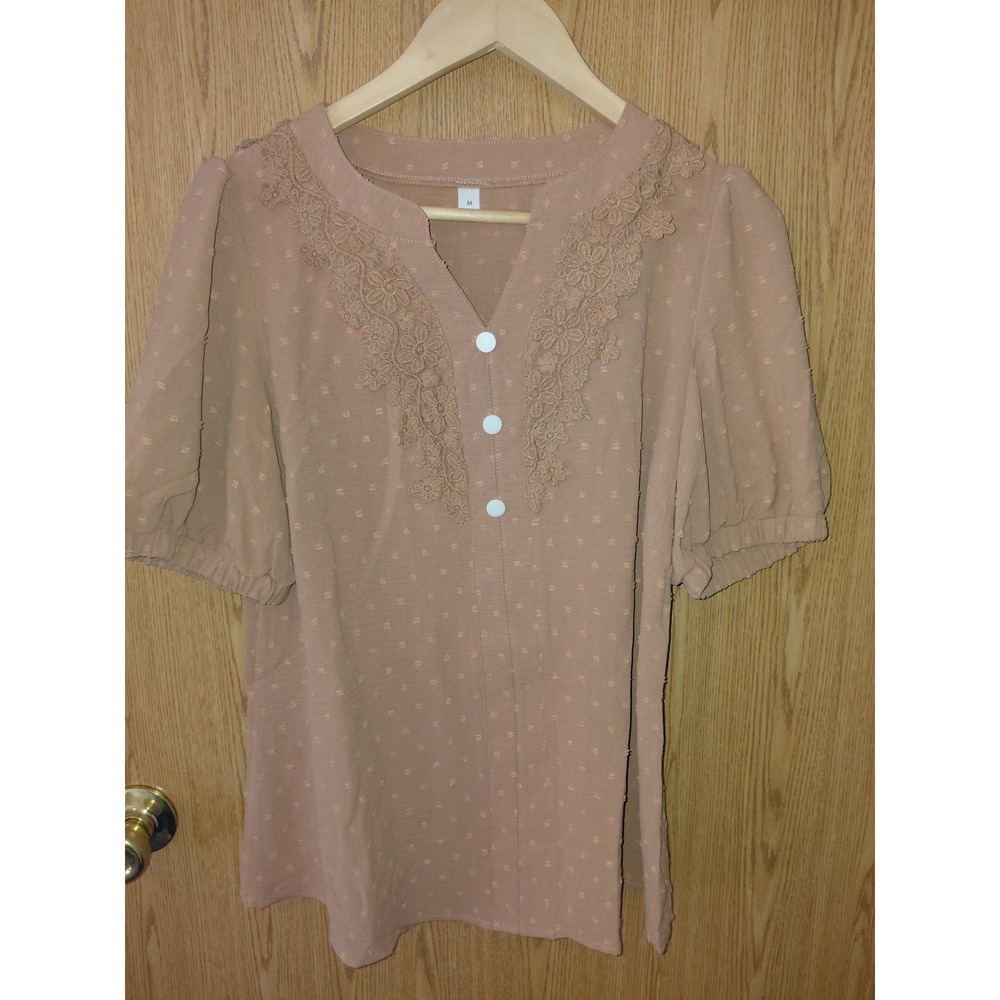 Womens Mauve Pink Swiss Dot Lace Trim V-Neck Puff Sleeve Blouse Top Medium